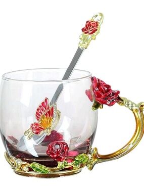 Glass Mug Butterfly Flower Tea Cup Coffee Mug with Silver Spoon Set